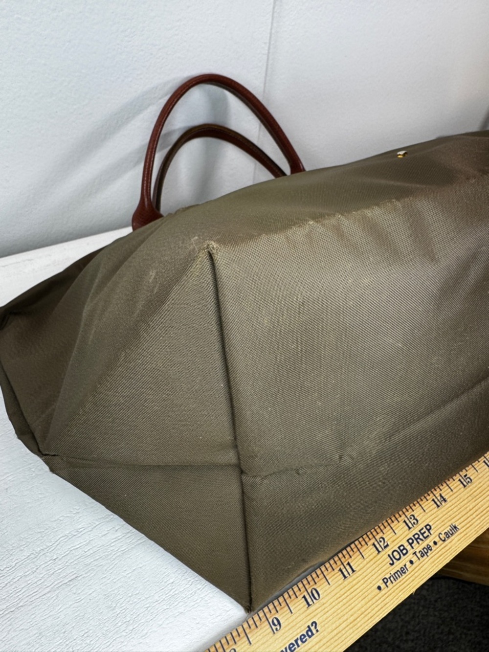 Longchamp Le Pliage Large Tote Olive Green Nylon Brown Leather Authentic - Picture 8 of 15